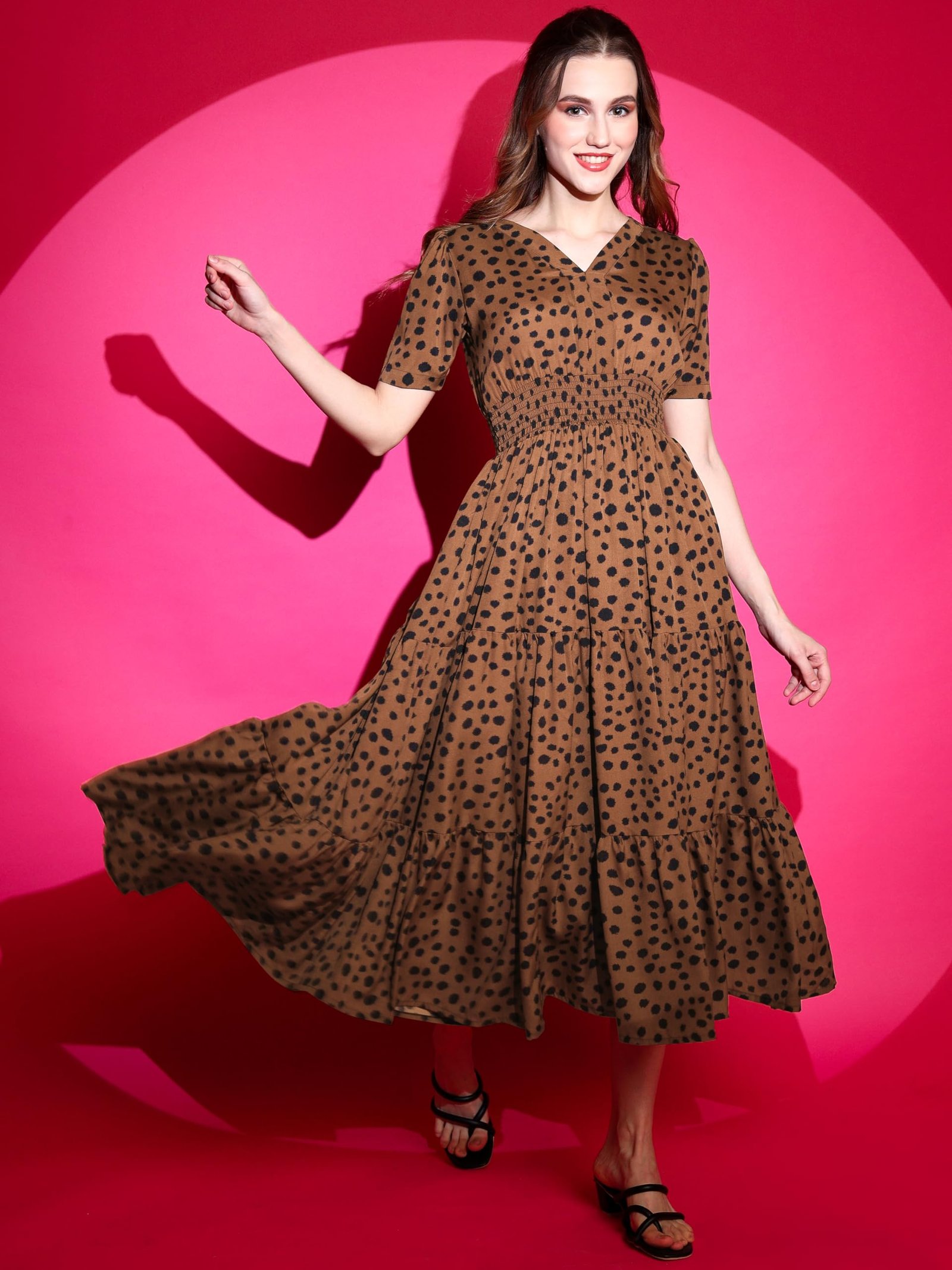 Sheetal Associates Women's Crepe Fit and Flare Printed Half Sleeve V-Neck Casual Dress Maroon - Image 7