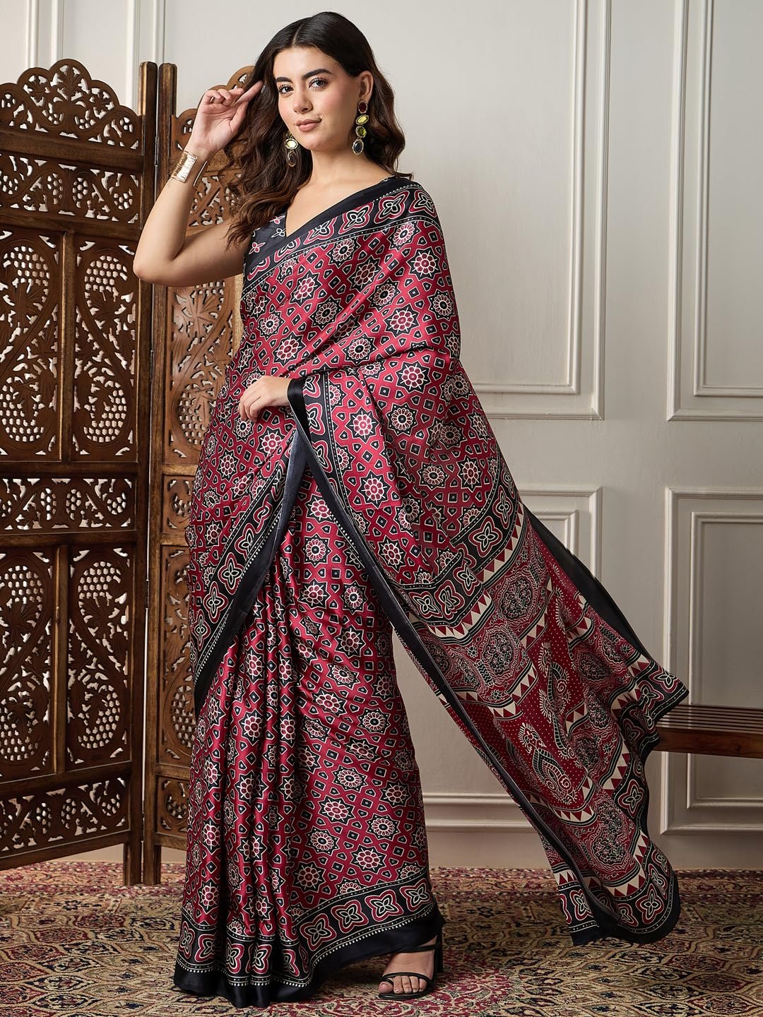 AKHILAM Women's Pink Crepe Ajrak Printed Saree With Unstitched Blouse (KAJRKH386002_RJ11) - Image 6