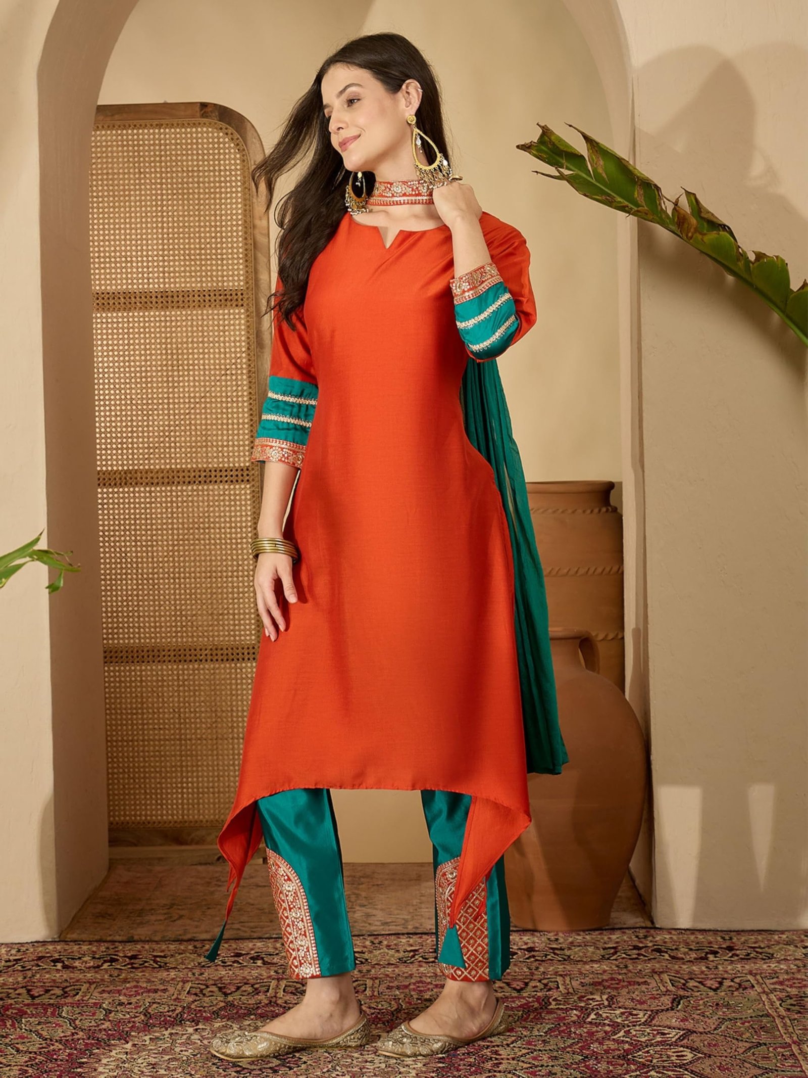 EthnicJunction Women's Cotton Silk Embroidered Asymmetric Kurta Pant with Choker Dupatta Set Orange - Image 5