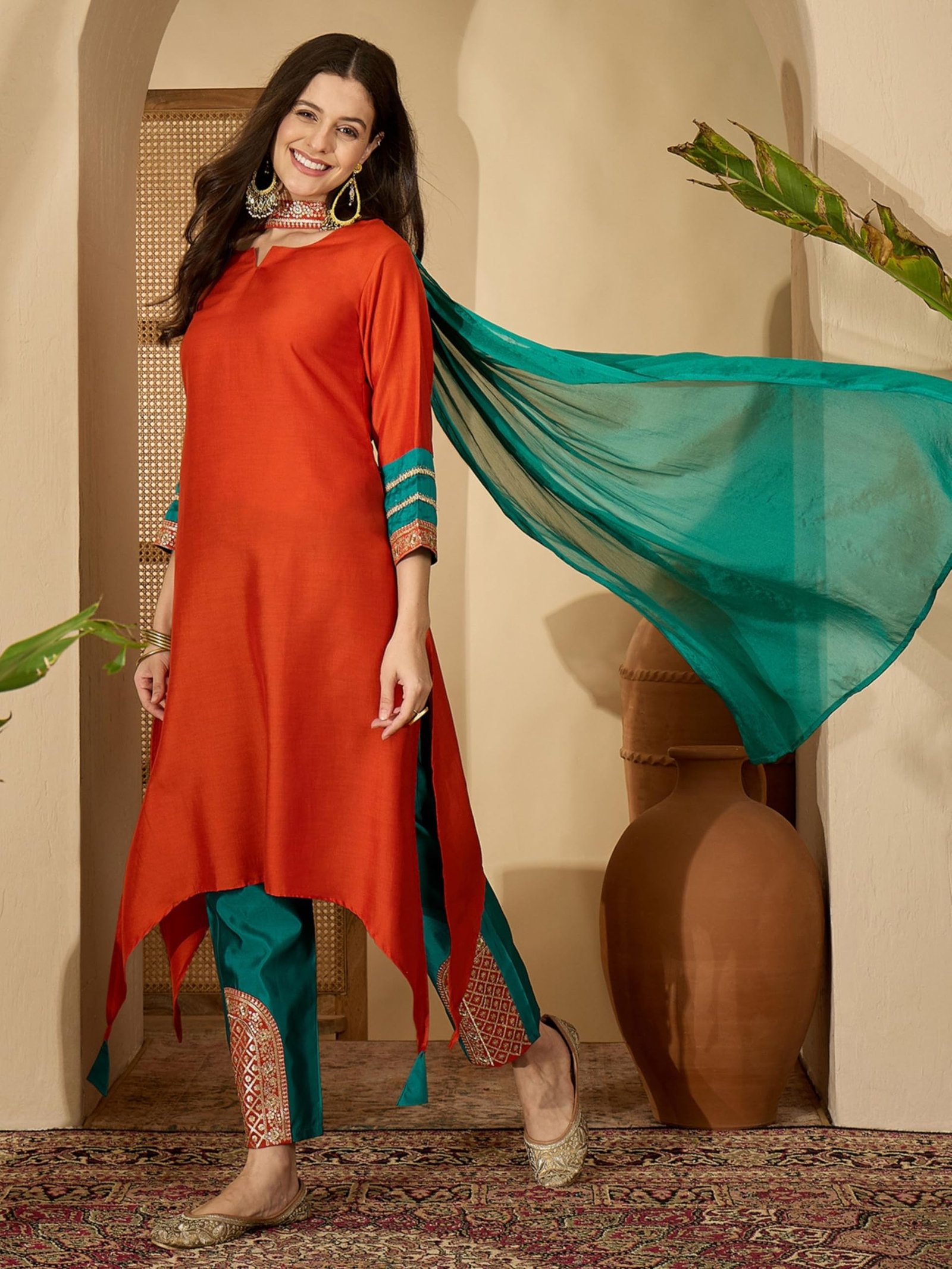 EthnicJunction Women's Cotton Silk Embroidered Asymmetric Kurta Pant with Choker Dupatta Set Orange - Image 6