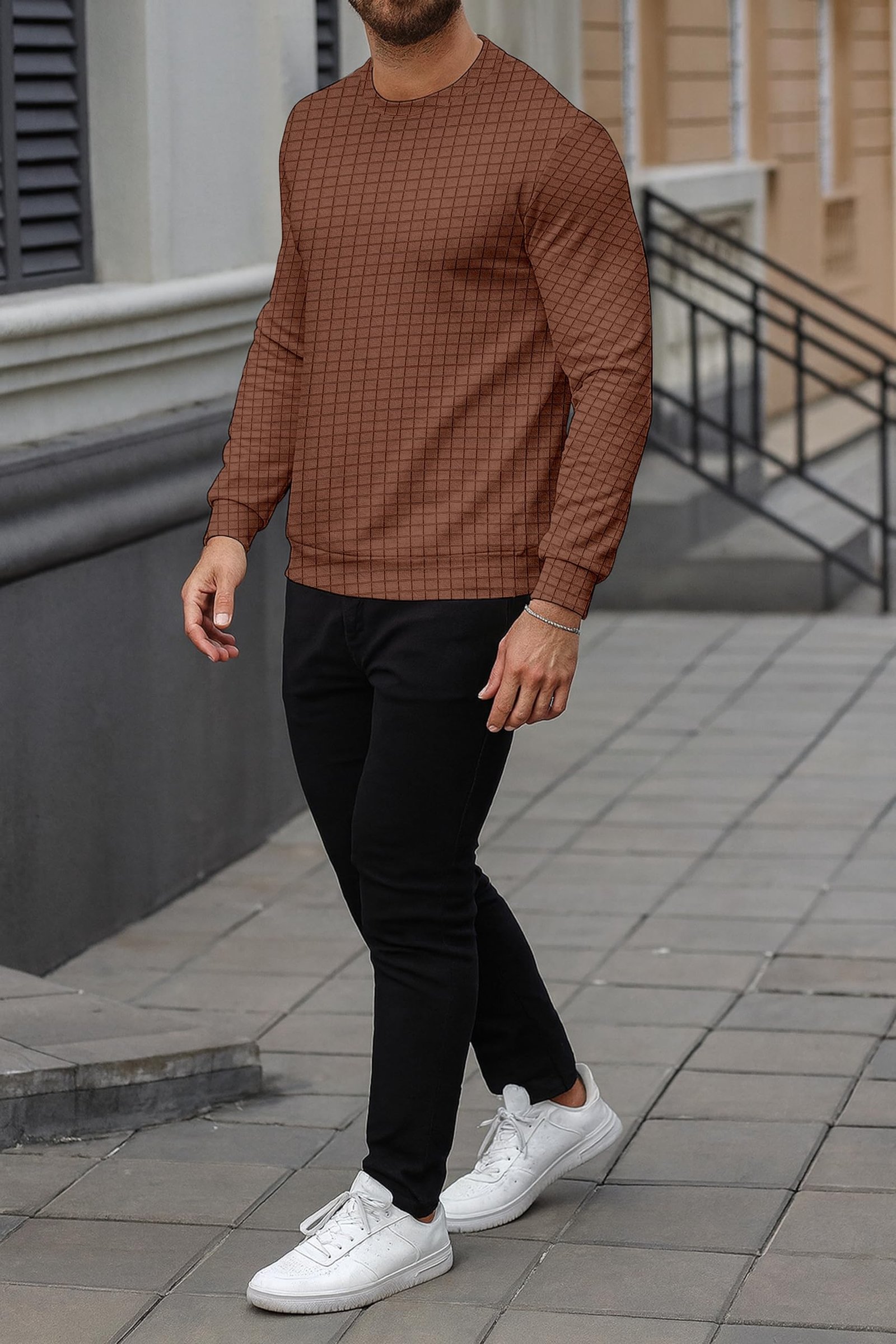 KAJARU Quilted Pattern Long Sleeve Sweatshirt, Round Neck, Men's Casual Pullover, Grey, Black, Beige (in, Alpha, L, Coffee) - Image 6