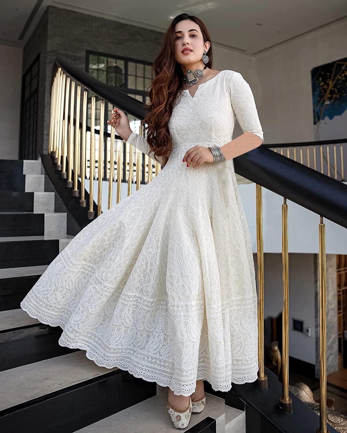 LookMark Women's Chikankari Embroidred Thread Work Long Anarkali Dress |Ankle Length Gown for Women (K1113-S) White - Image 3