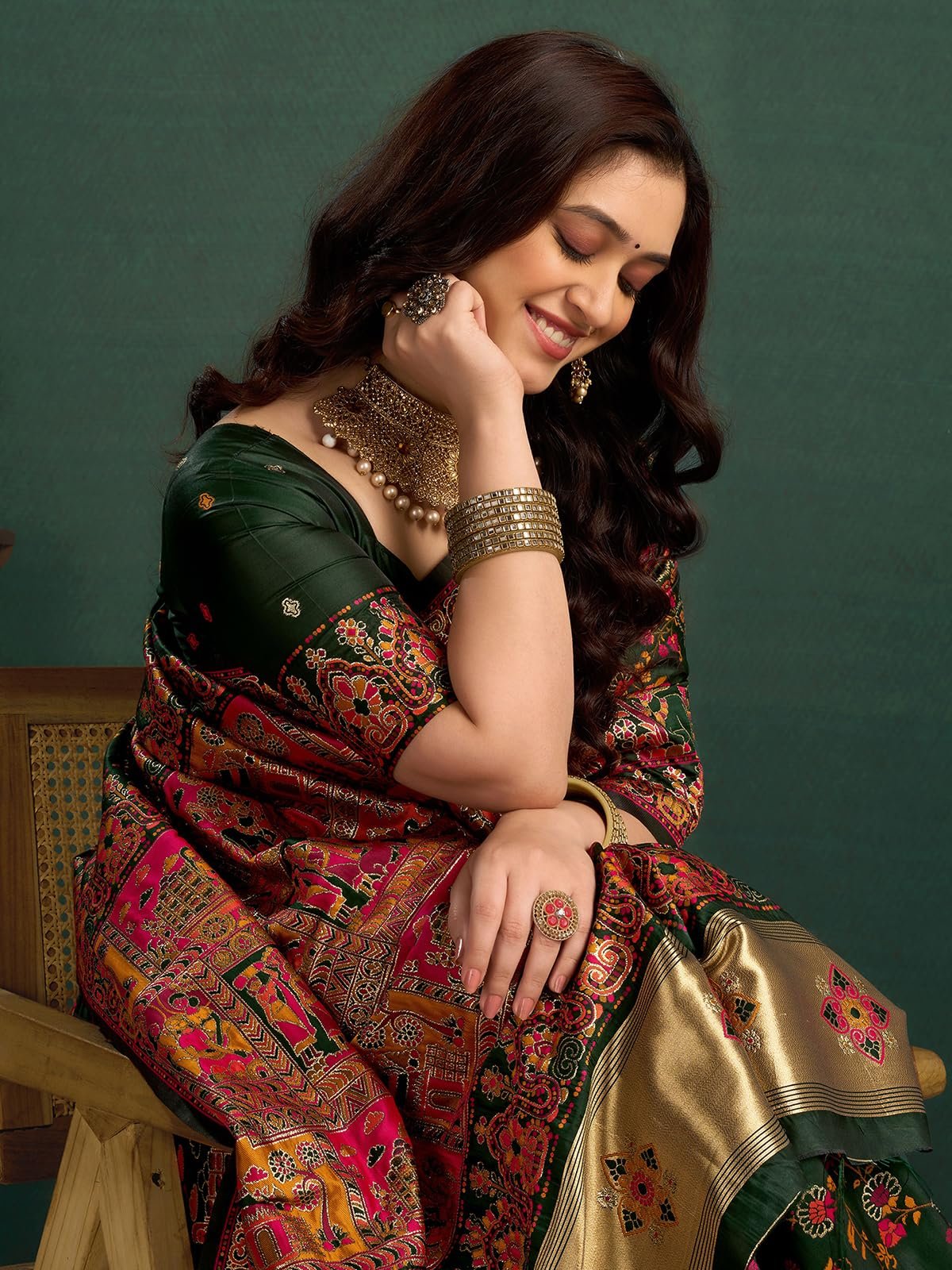 Satrani Women's Silk Kashmiri Minakari Weaving Saree with Unstitched Blouse Piece (4314S604N_Dark Green) - Image 4