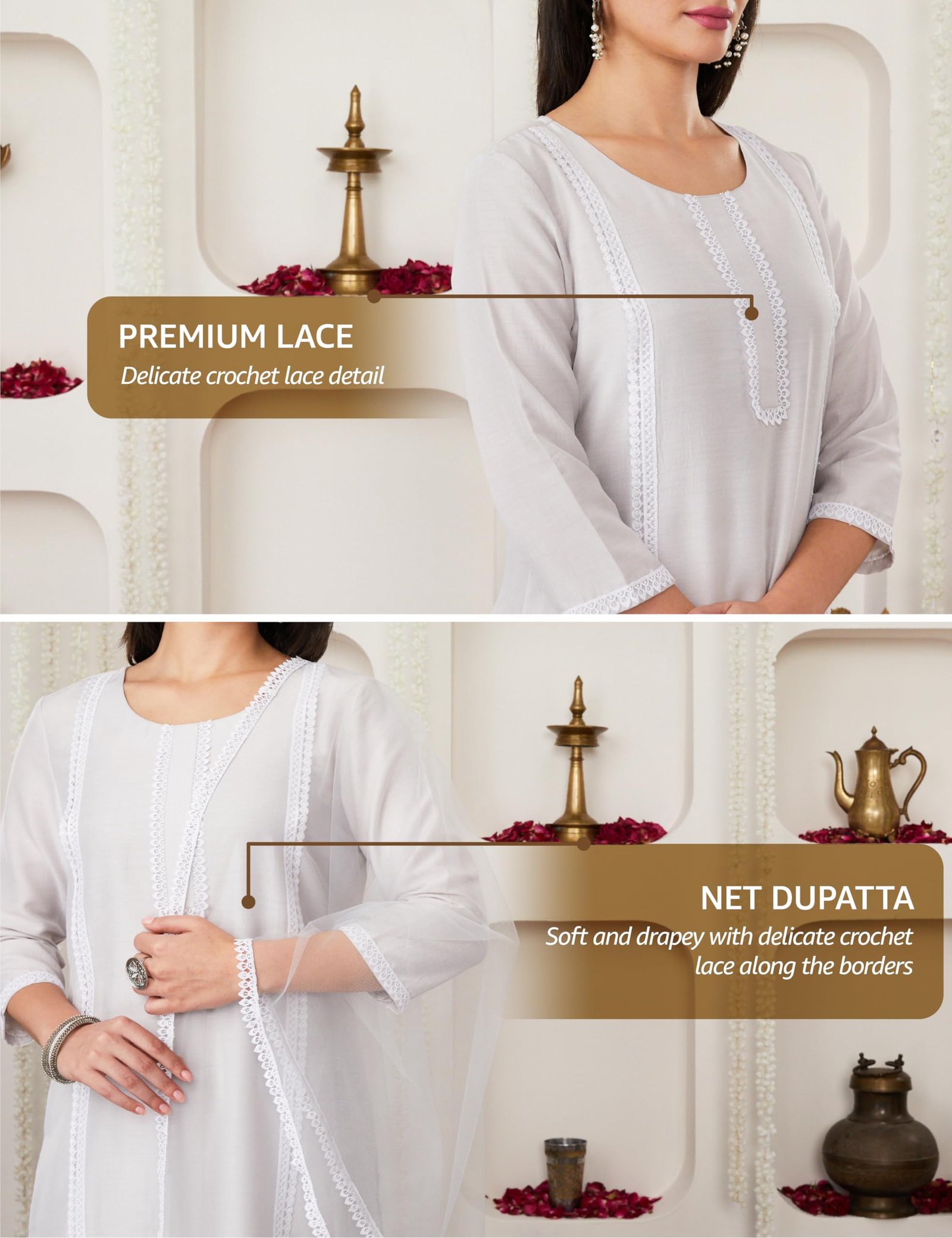 Myx Women's Lace Detail Kurta Pant Set with Dupatta (SS25-MYX-ZIL-KS-22_Grey_L) - Image 5