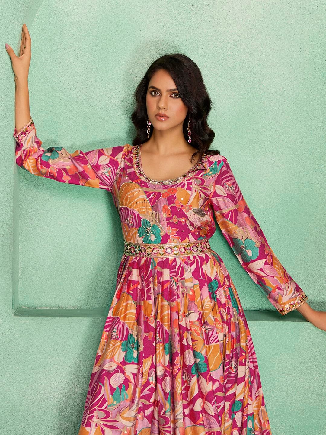 madhuram textiles Women's vetican Print with Hand Embroidery Work Anarkali Long Gown(M-2544 Pink_Small) - Image 4