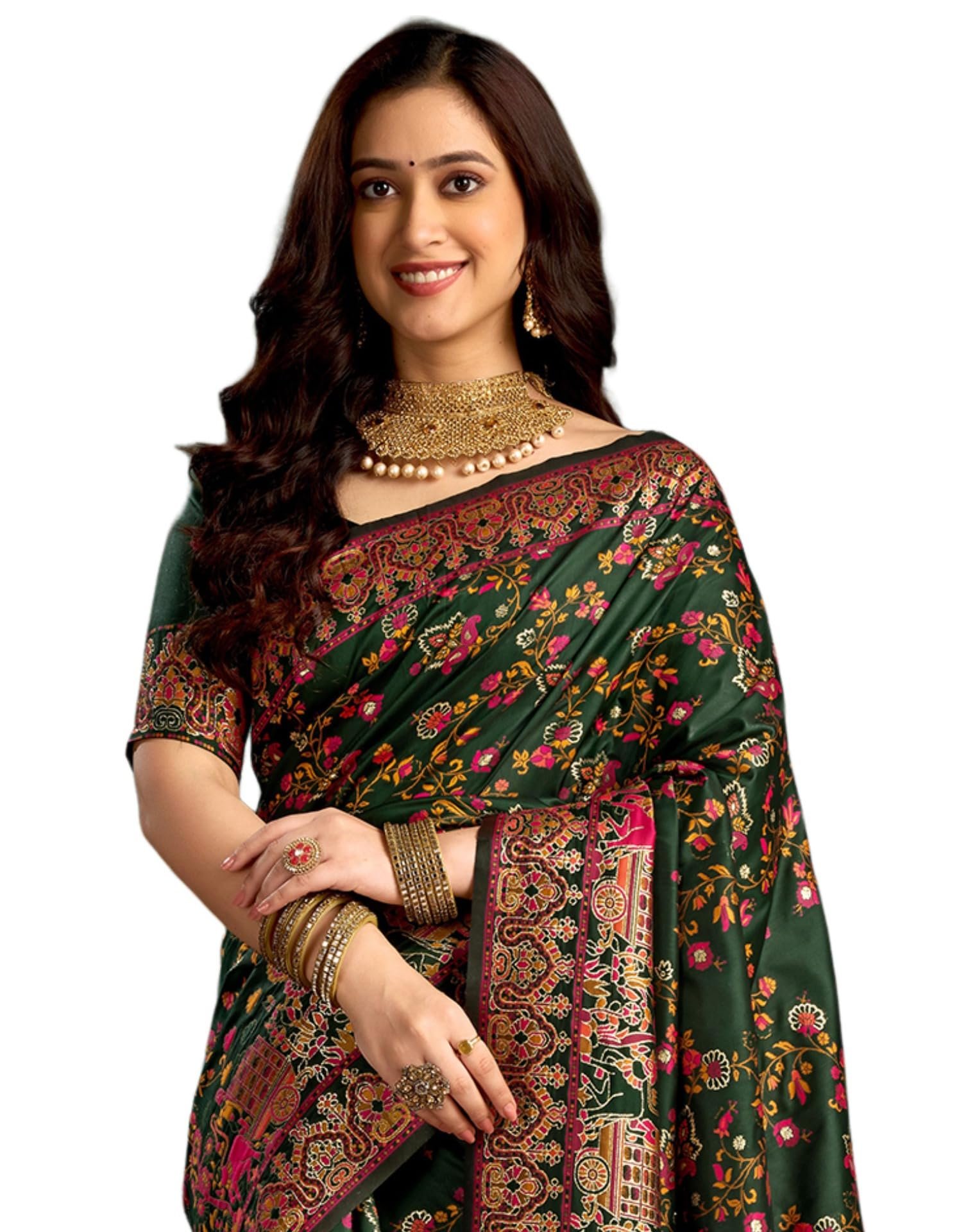 SIRIL Women's Silk Kashmiri Minakari Jacquard Saree with Unstitched blouse Piece (4314S604_Dark Green)