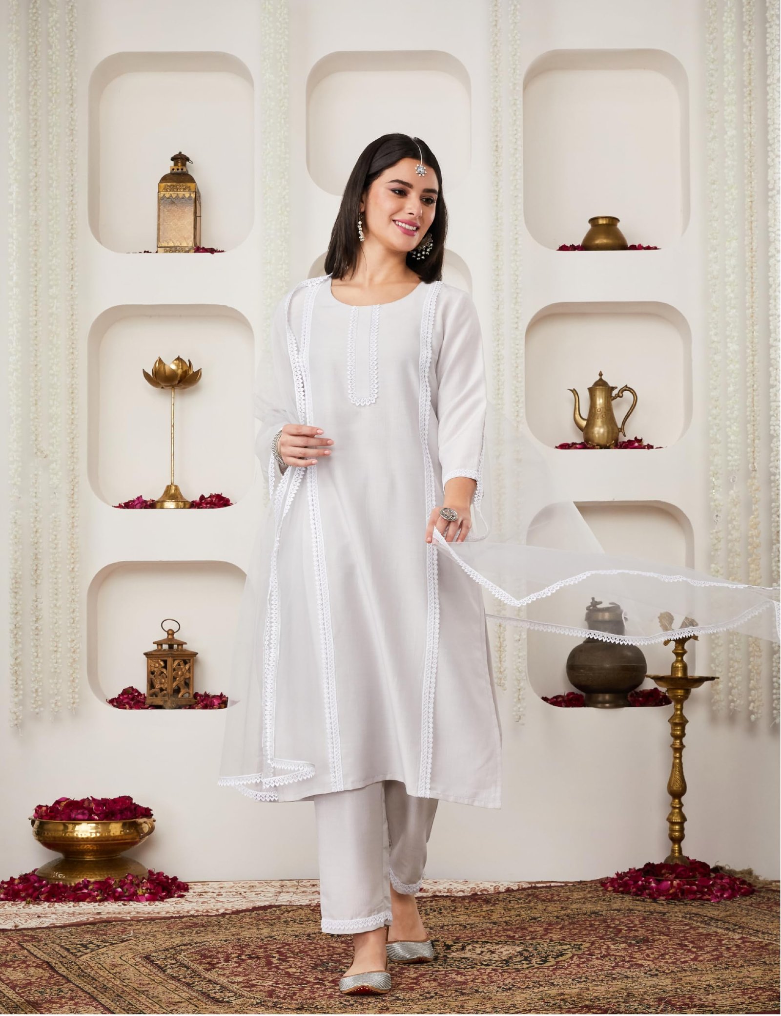 Myx Women's Lace Detail Kurta Pant Set with Dupatta (SS25-MYX-ZIL-KS-22_Grey_L) - Image 3