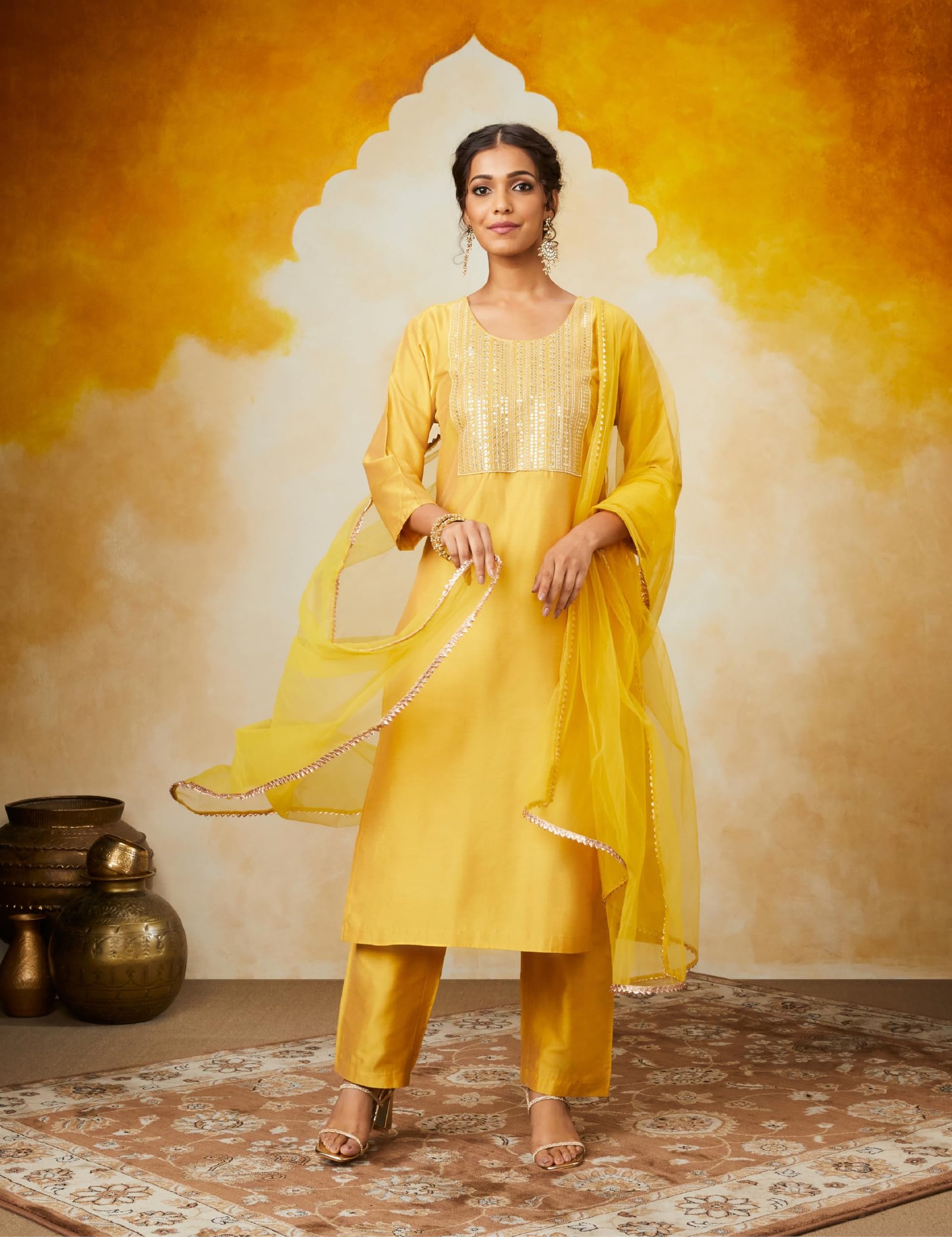 Myx Women's Embroidered Kurta Pant Set with Mesh Dupatta | Viscose,Rayon (AW24-MYX-SKD-VN-02_Mustard_L) - Image 3