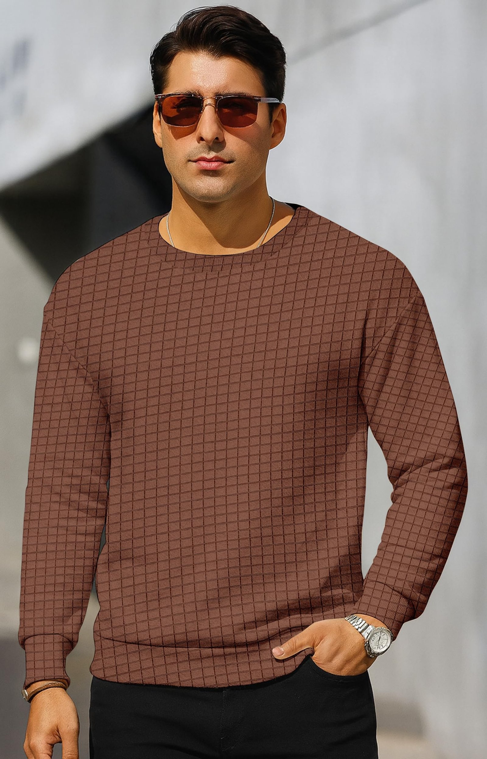 KAJARU Quilted Pattern Long Sleeve Sweatshirt, Round Neck, Men's Casual Pullover, Grey, Black, Beige (in, Alpha, L, Coffee) - Image 5