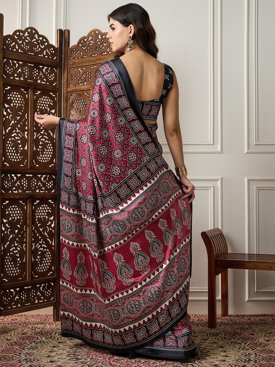 AKHILAM Women's Pink Crepe Ajrak Printed Saree With Unstitched Blouse (KAJRKH386002_RJ11) - Image 8