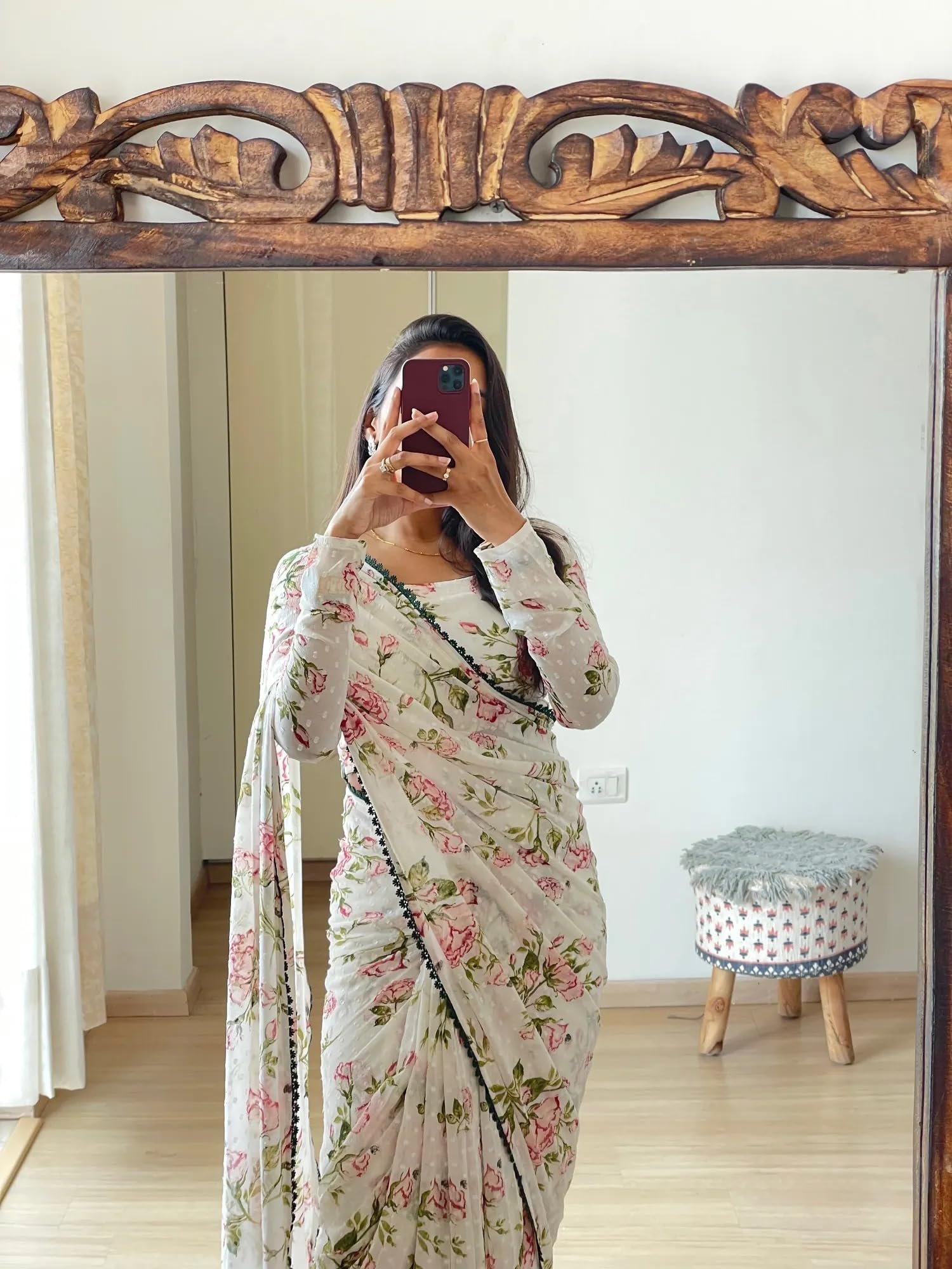 Sidhidata Women's Georgette Printed Ready To Wear one Minute Saree With Unstitched Blouse Piece (1000 Butty White_White_Free Size) - Image 2