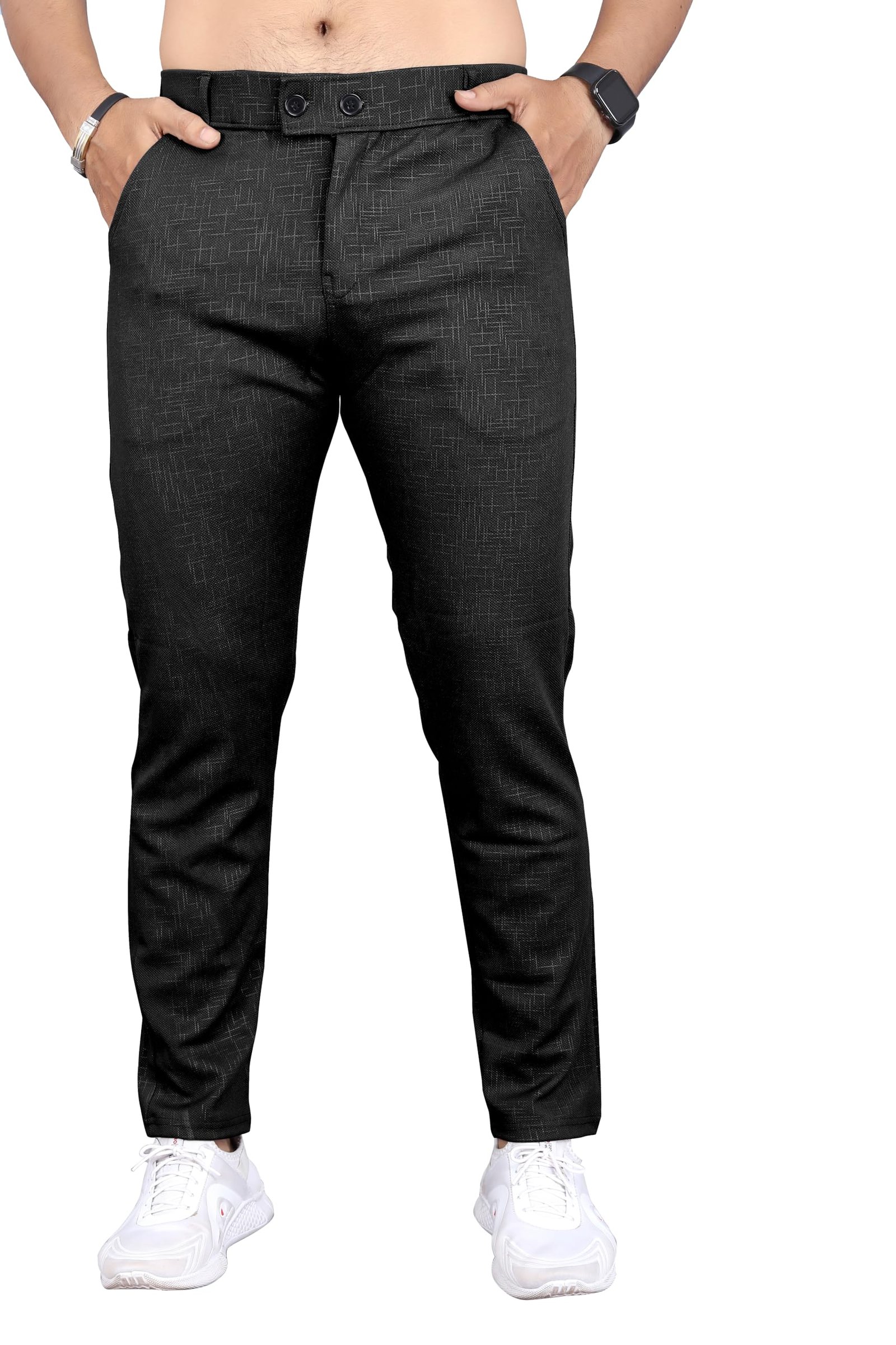 Mehrang Men's Slim Fit Casual Mid Rise Trousers, Black, Cotton Blend, Side Pockets (in, Numeric, 32, Regular, Black)