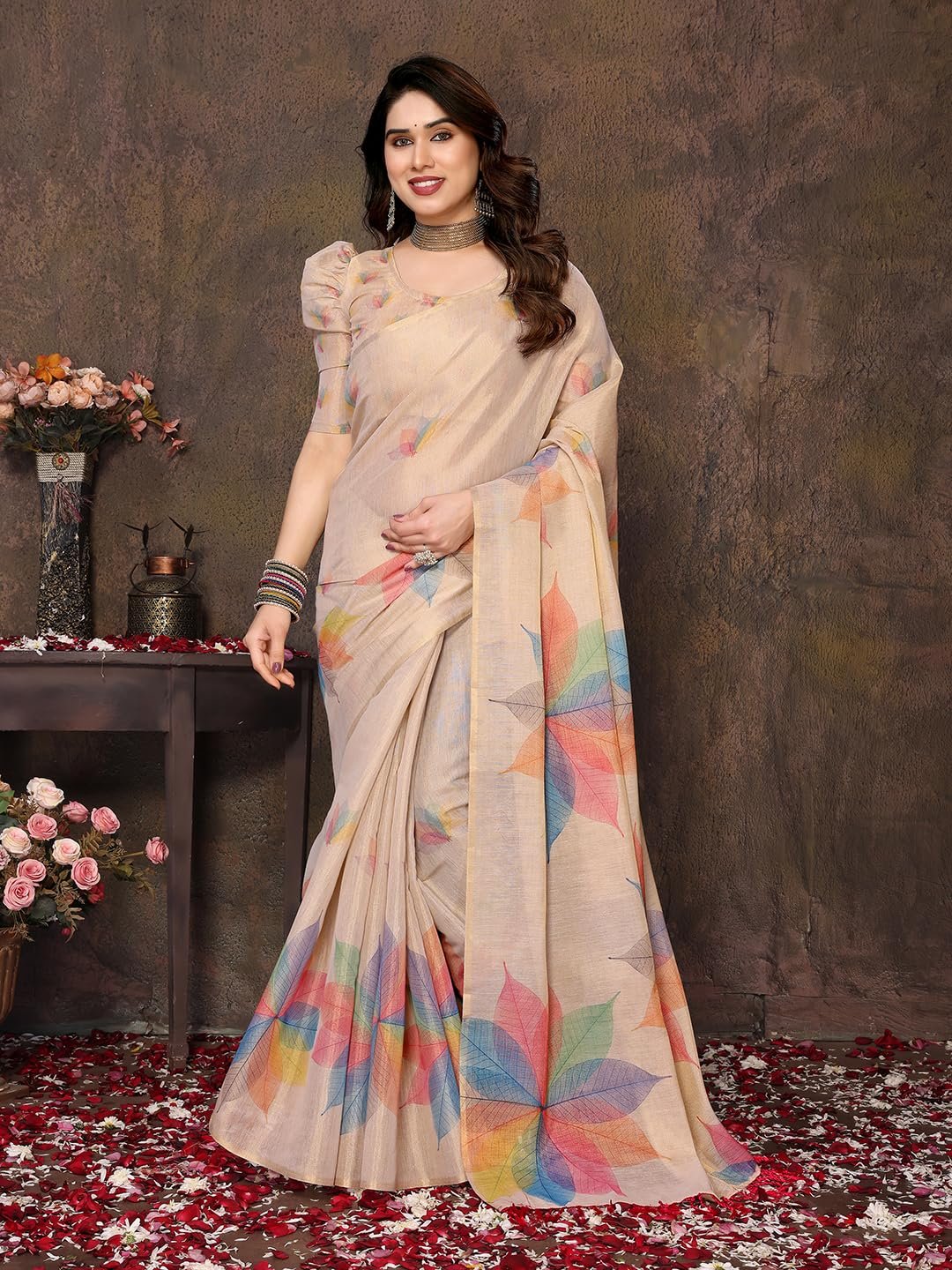 Yashika Women's Floral Digital Print Chandheri Saree with Unstitched Blouse Material_AZ-YS-P1-SASIKALA WHITE - Image 4
