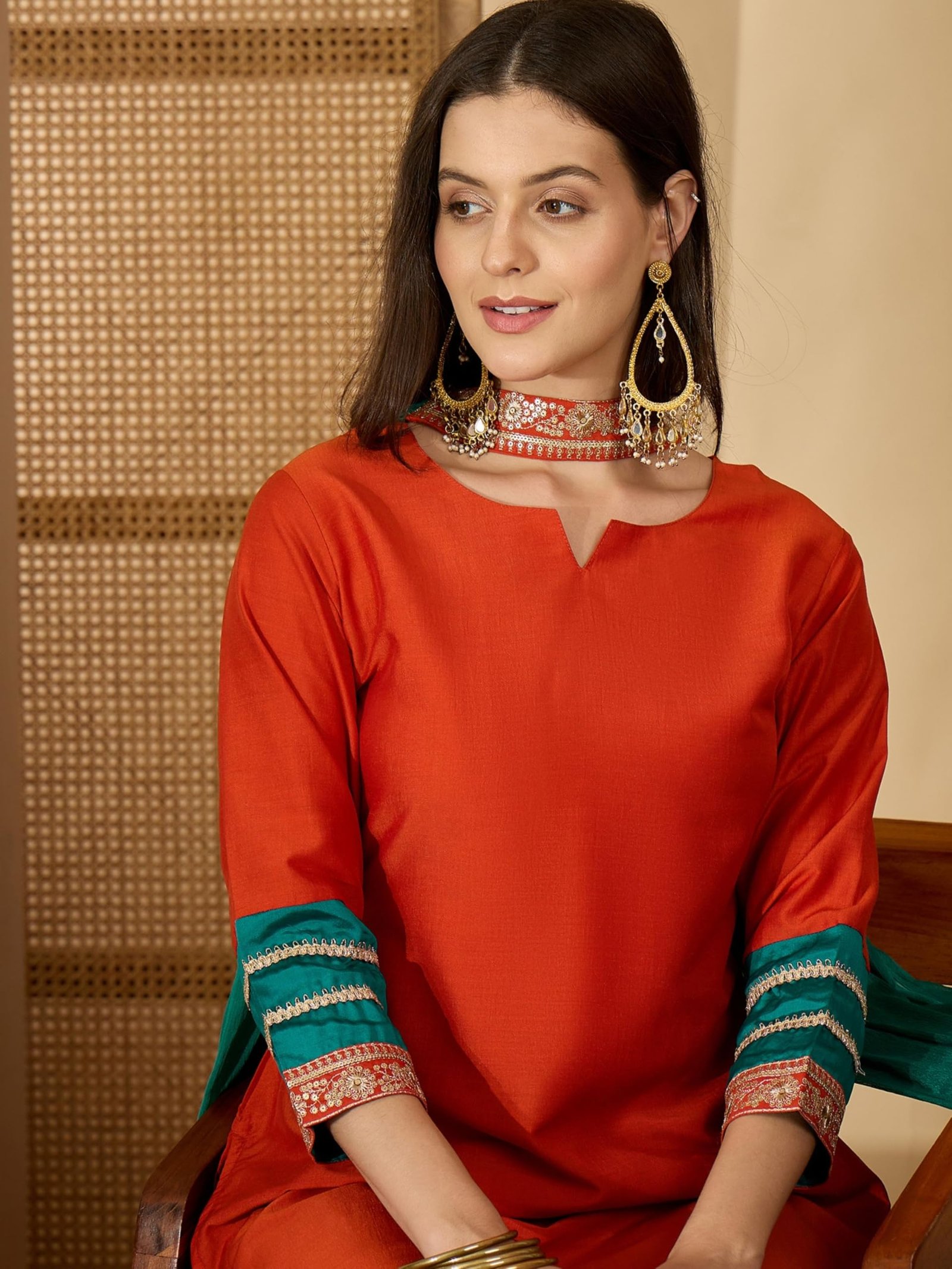 EthnicJunction Women's Cotton Silk Embroidered Asymmetric Kurta Pant with Choker Dupatta Set Orange - Image 4