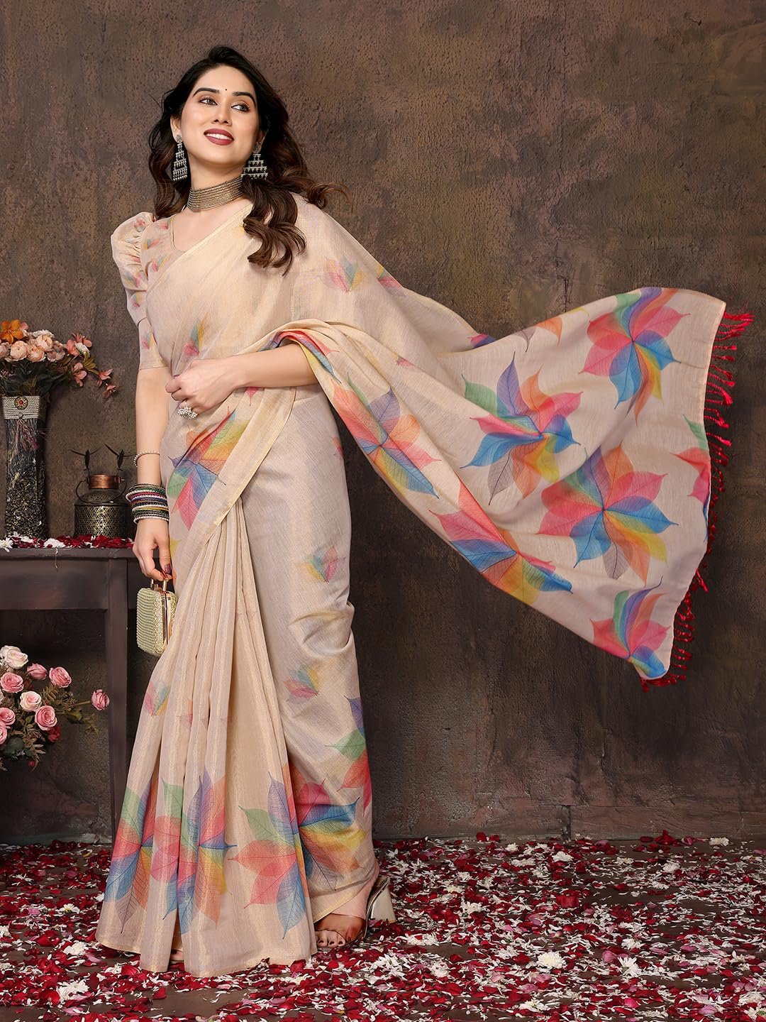Yashika Women's Floral Digital Print Chandheri Saree with Unstitched Blouse Material_AZ-YS-P1-SASIKALA WHITE - Image 3