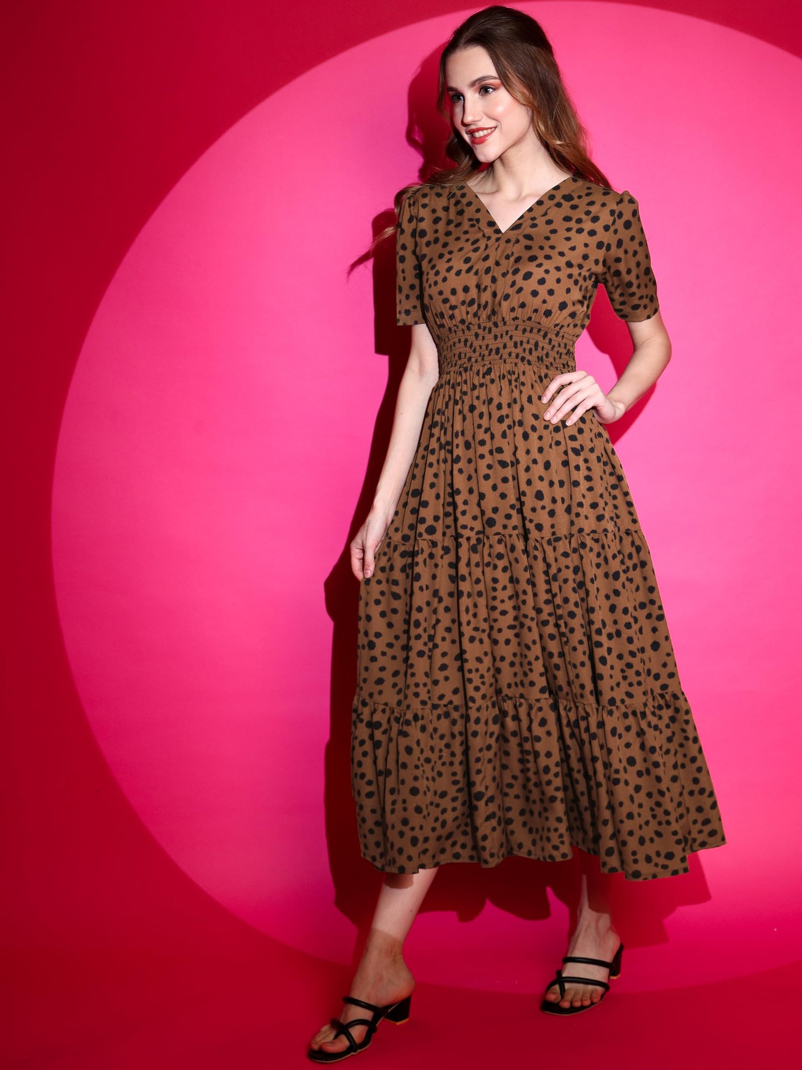 Sheetal Associates Women's Crepe Fit and Flare Printed Half Sleeve V-Neck Casual Dress Maroon - Image 4