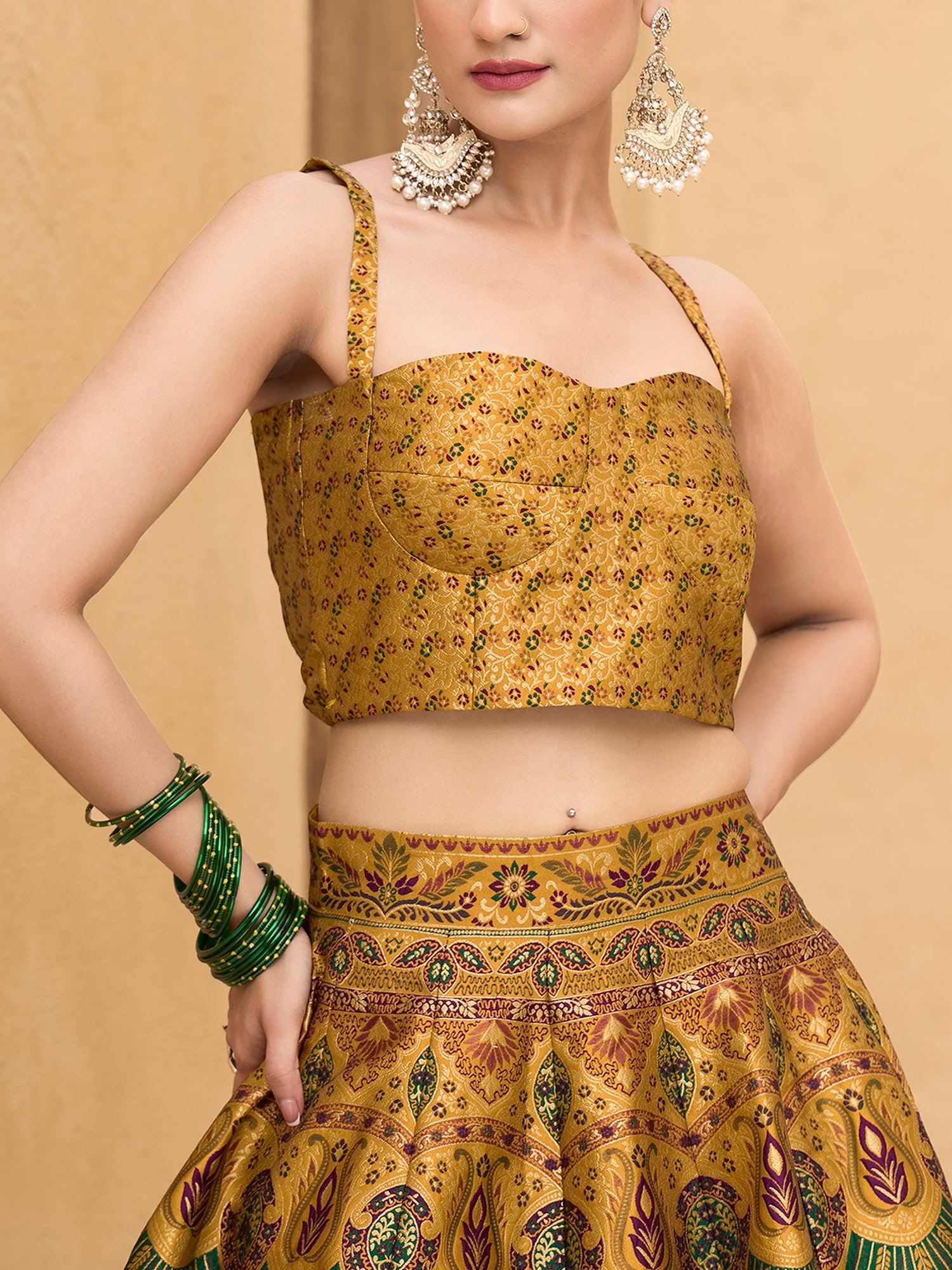 PURVAJA Women's Kanjiwaram Semi-Stitched Lehenga choli (Lazya-Yellow_Free Size) - Image 3