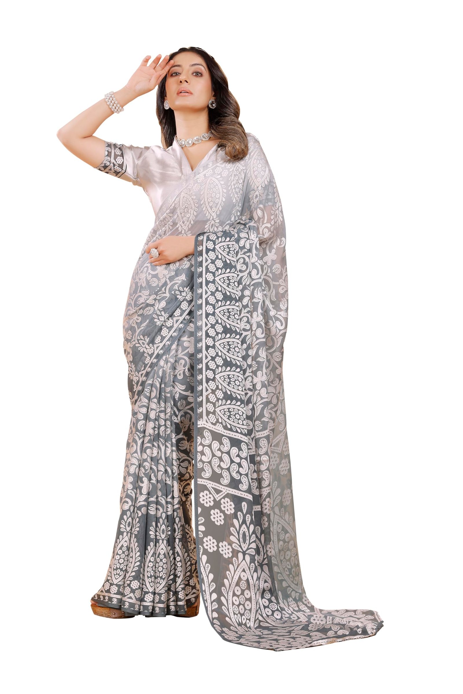 Garden Vareli Women Viscose Brasso Floral Print Saree With Unstitched Blouse Piece 73440 - Grey