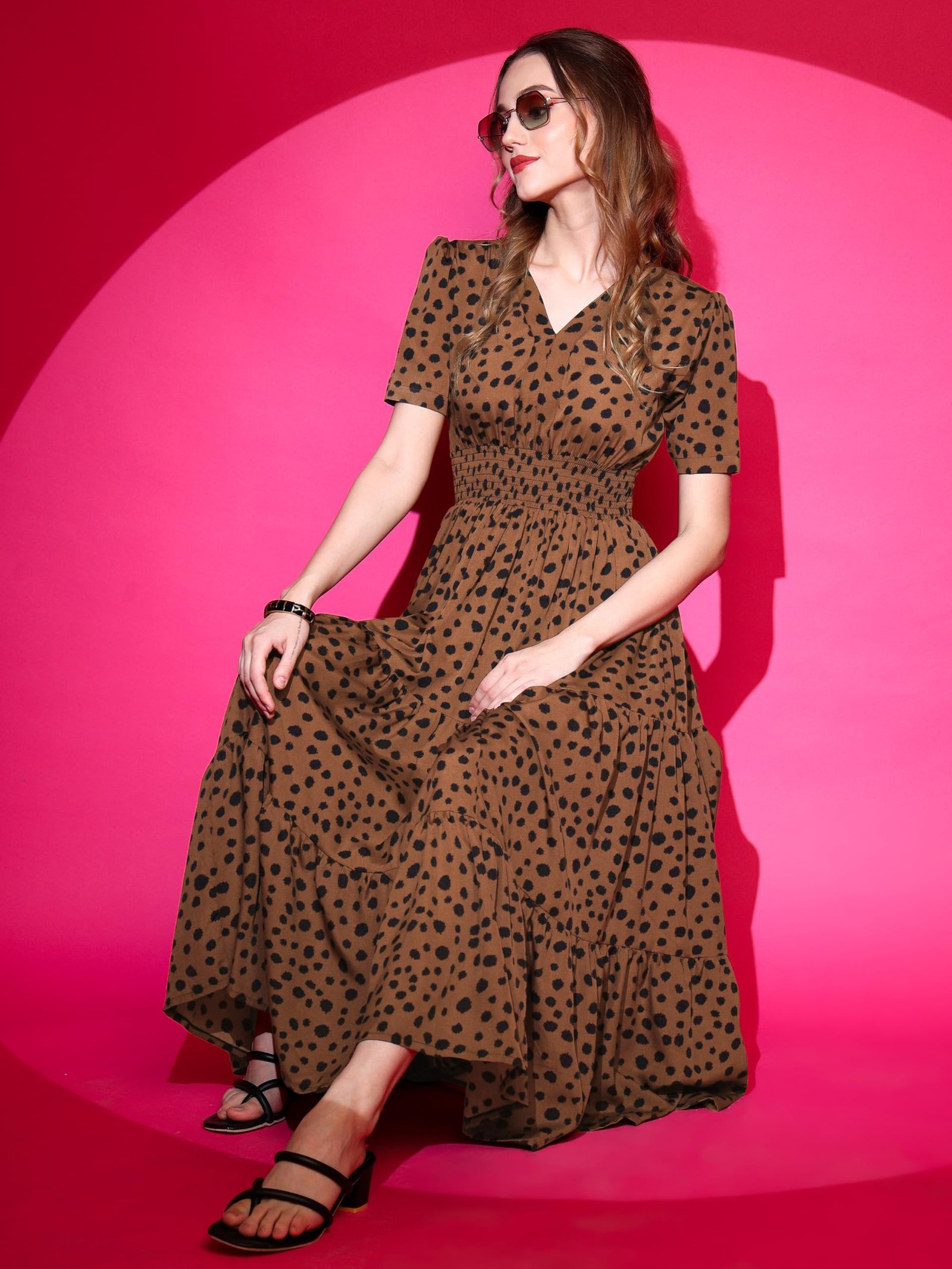 Sheetal Associates Women's Crepe Fit and Flare Printed Half Sleeve V-Neck Casual Dress Maroon - Image 6