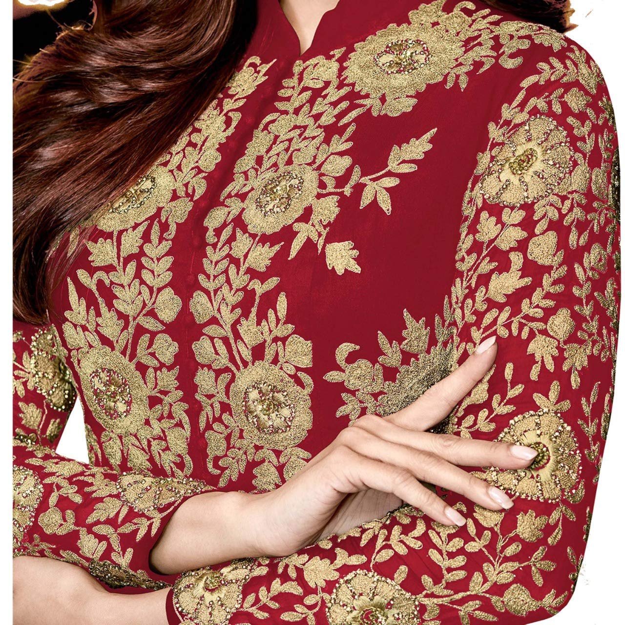 Florely Women's Embroidered Georgette Unstiched Anarkali Gown with Dupatta(Codding) (Red) - Image 2