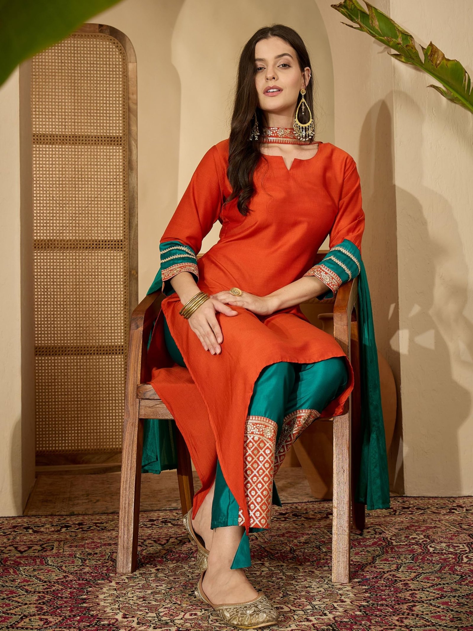 EthnicJunction Women's Cotton Silk Embroidered Asymmetric Kurta Pant with Choker Dupatta Set Orange - Image 7