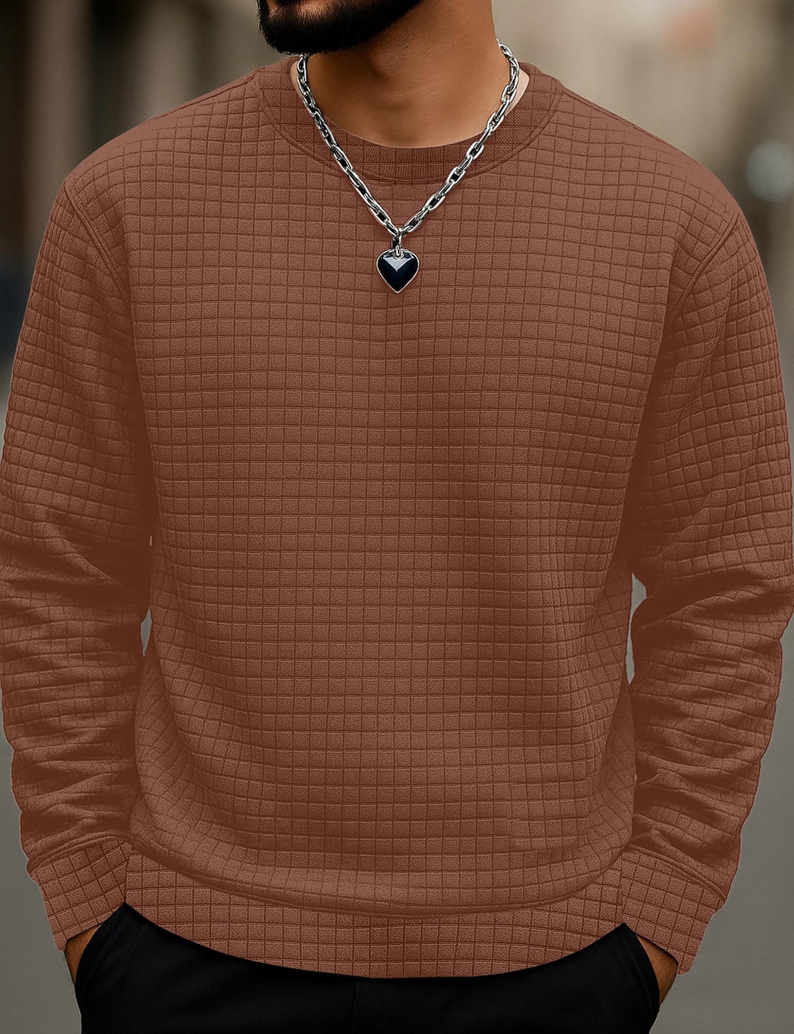 KAJARU Quilted Pattern Long Sleeve Sweatshirt, Round Neck, Men's Casual Pullover, Grey, Black, Beige (in, Alpha, L, Coffee) - Image 8