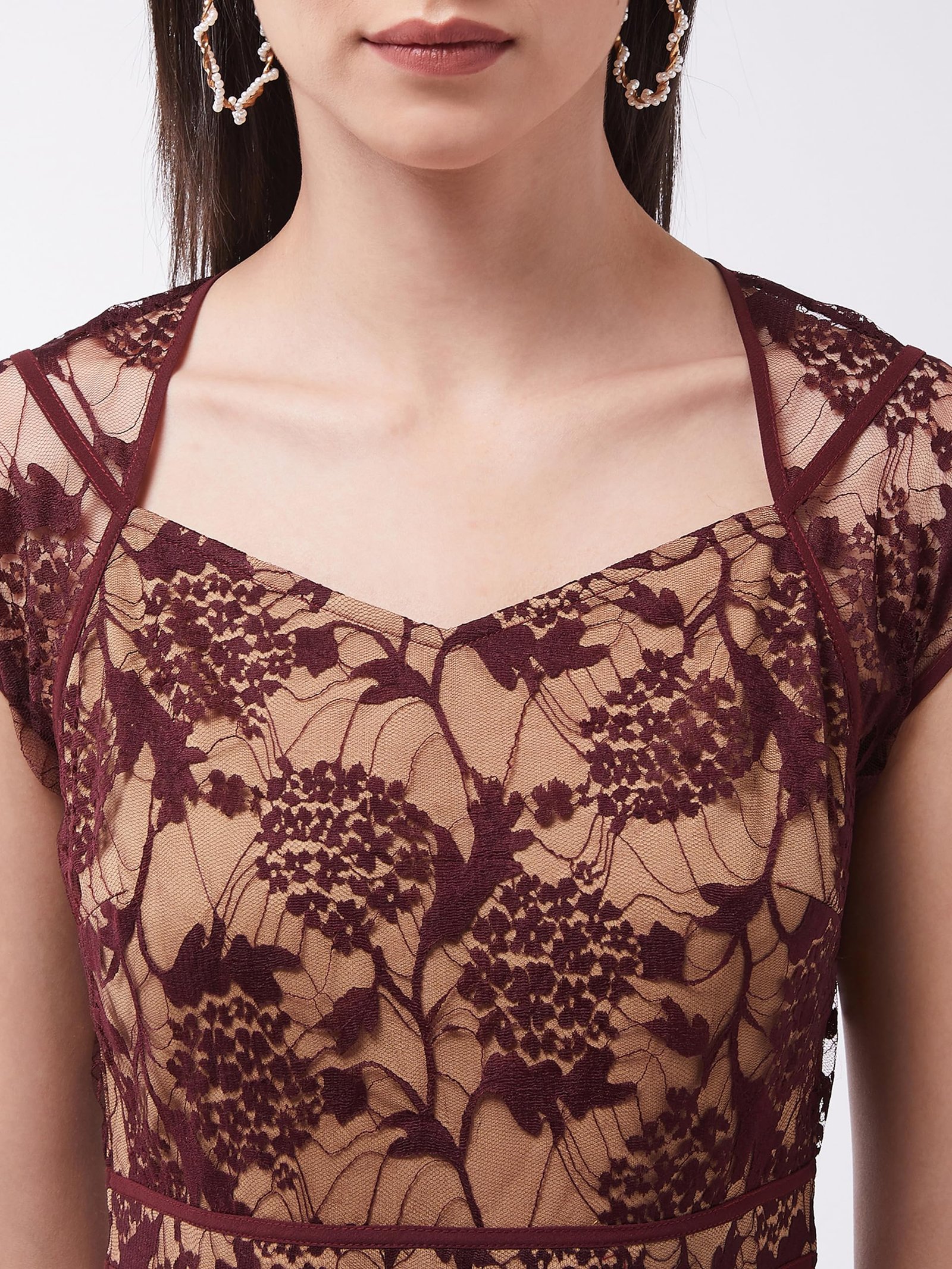 Miss Chase Women's Floral V - Neck Cap Short Sleeves Lace Overlaid Fit & Flare Paneled Maxi Dress (MCSS21D06-11-603-04,Wine & Beige,M) - Image 4