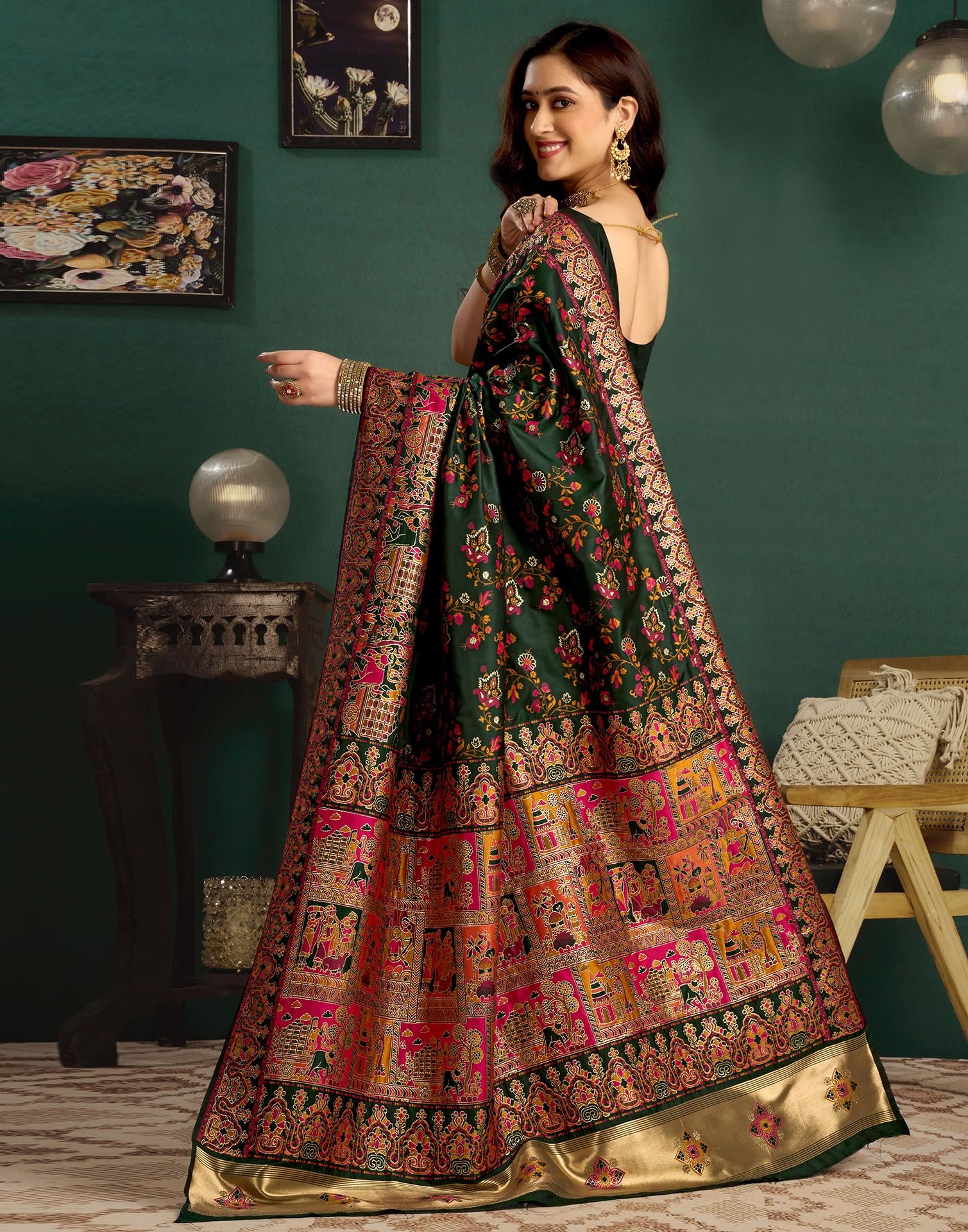 SIRIL Women's Silk Kashmiri Minakari Jacquard Saree with Unstitched blouse Piece (4314S604_Dark Green) - Image 6