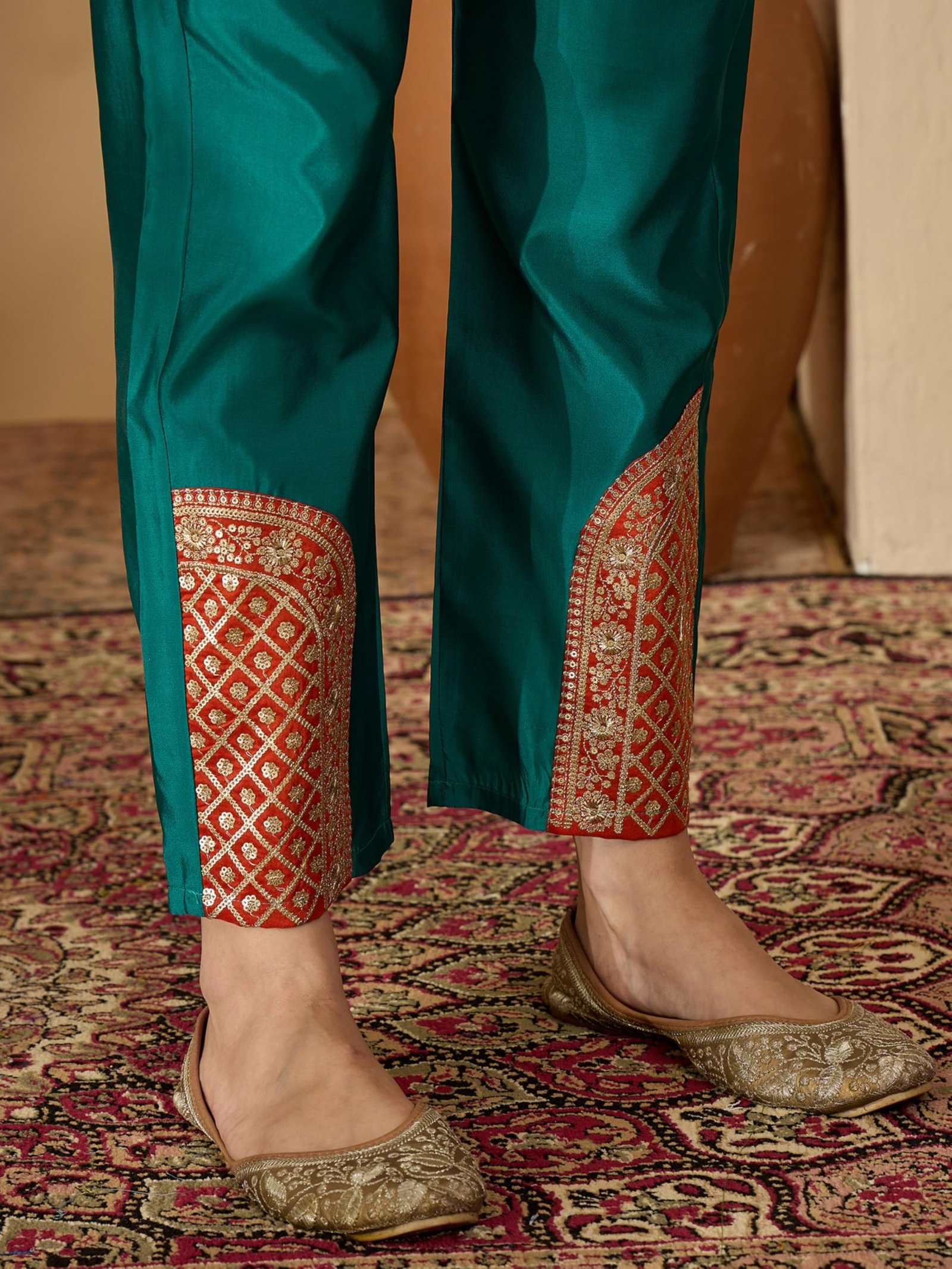 EthnicJunction Women's Cotton Silk Embroidered Asymmetric Kurta Pant with Choker Dupatta Set Orange - Image 2