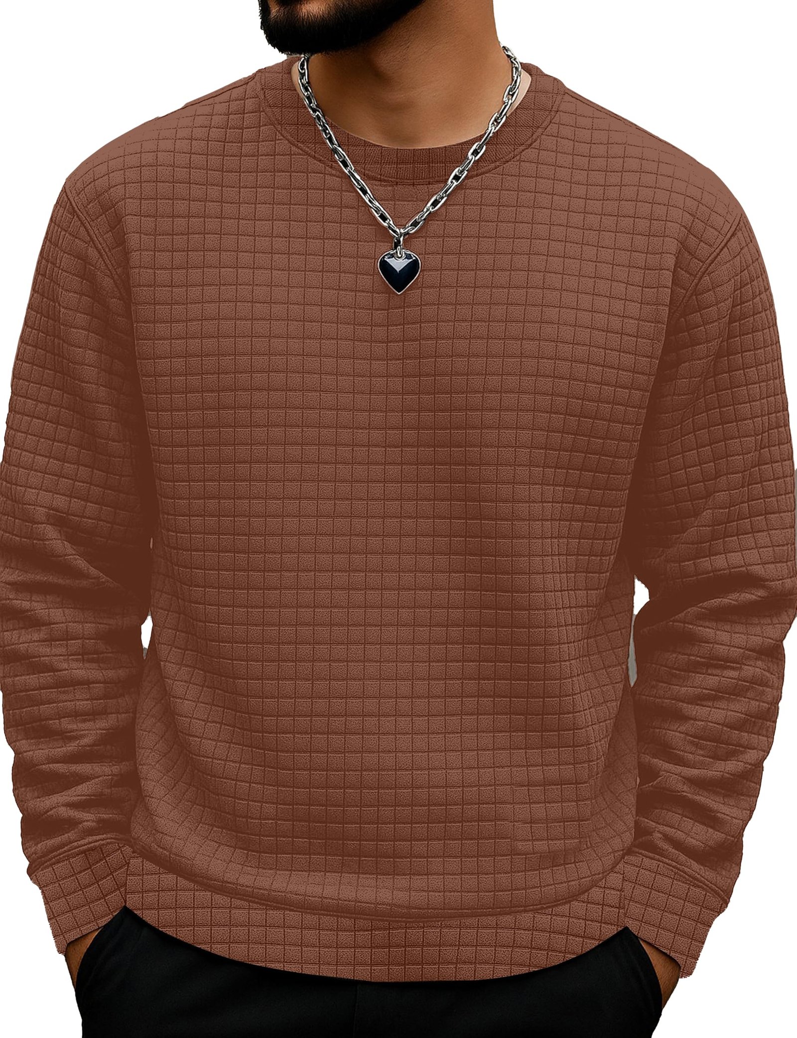 KAJARU Quilted Pattern Long Sleeve Sweatshirt, Round Neck, Men's Casual Pullover, Grey, Black, Beige (in, Alpha, L, Coffee)