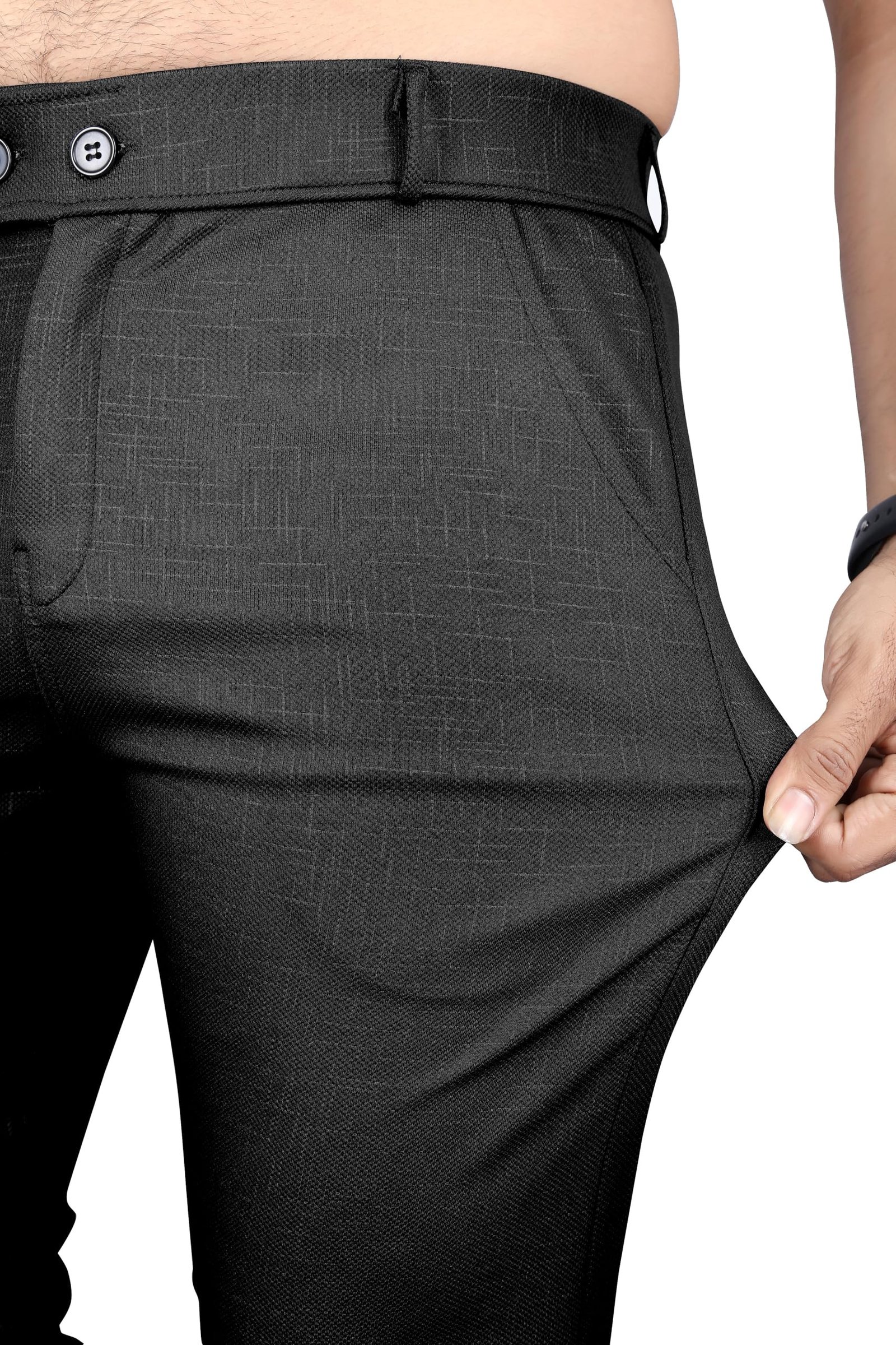 Mehrang Men's Slim Fit Casual Mid Rise Trousers, Black, Cotton Blend, Side Pockets (in, Numeric, 32, Regular, Black) - Image 3