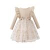 Tagas Girls' Dress|Elegant Beige Baby Girl Dress with Lace Ruffles & Floral Embroidery – Long Sleeve Princess Birthday Party Dress | Comfortable & Stylish Kids Wear| PartFrock for Kids |